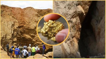 Zamfara gold miners at a mining site, with inset showing a hand holding a raw gold nugget.