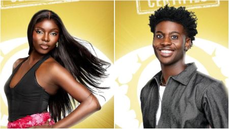 BBNaija Season 10 housemates Zita and Koyin pose in their official portraits, Zita in a black top with flowing hair and Koyin in a grey jacket