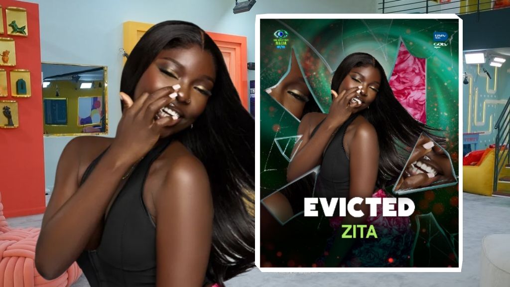 BBNaija Season 10 housemate Zita in a black outfit, posing with her official eviction poster showing the word “Evicted” beside her.