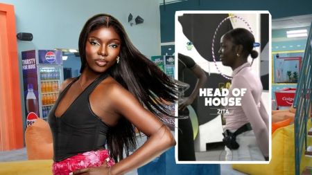 BBNaija Season 10 housemate Zita poses confidently in a sleeveless black top with flowing hair, while an inset shows her being announced as the new Head of House, wearing a pink top during the task.