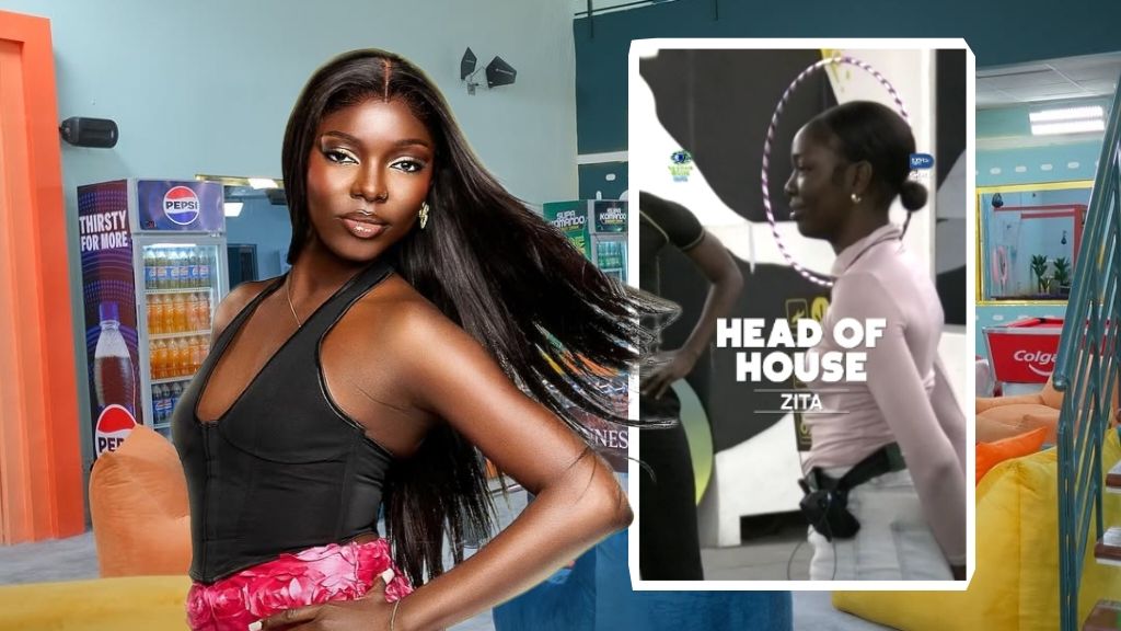 BBNaija Season 10 housemate Zita poses confidently in a sleeveless black top with flowing hair, while an inset shows her being announced as the new Head of House, wearing a pink top during the task.