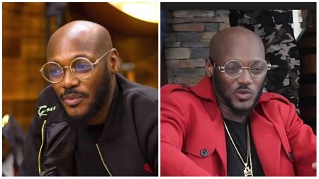 Nigerian music legend 2Baba (Innocent Idibia) pictured in two different outfits, wearing round glasses — in one image he is dressed in a black jacket, and in the other, he is styled in a red coat with gold accessories.