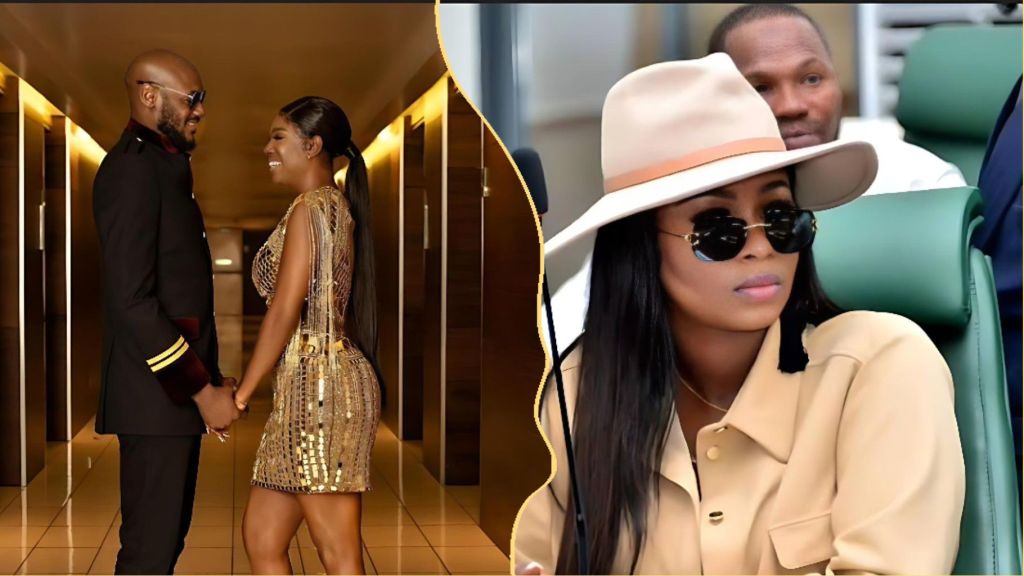 2Baba (Innocent Idibia) holding hands and smiling with Annie Macaulay-Idibia in a warmly lit hallway, alongside a split image showing Natasha Osawaru wearing sunglasses and a beige hat while seated at an event