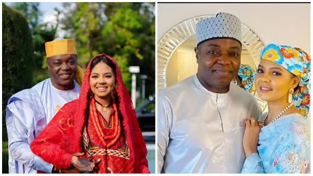 Prince Abdulmalik Ado Ibrahim and his ex-wife Adama Indimi pictured together — one photo shows them in traditional wedding attire with bright smiles, and another in elegant matching outfits posing indoors.