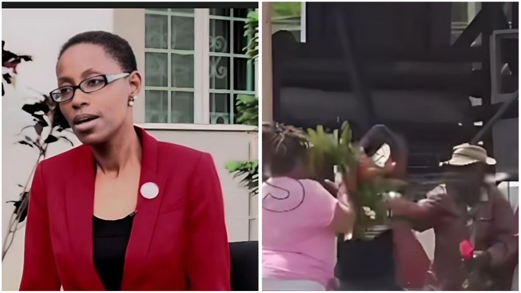 Split image showing Yemi Adamolekun speaking during an interview on the left, and on the right, a scene where security guards confront two women as one attempts to lay flowers at the Lekki toll gate in Lagos during the EndSARS memorial.