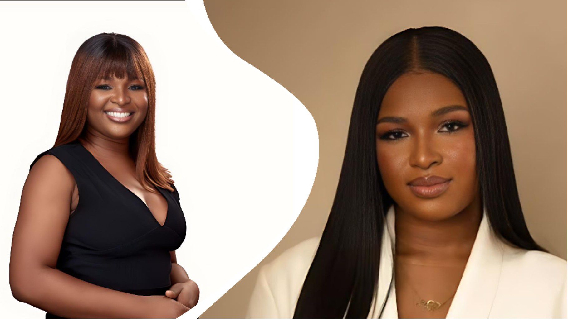 Nigerian media personality Adeife poses for portraits — one image shows her smiling in a sleeveless black dress, while the other features her in a white outfit with sleek straight hair against a beige background.