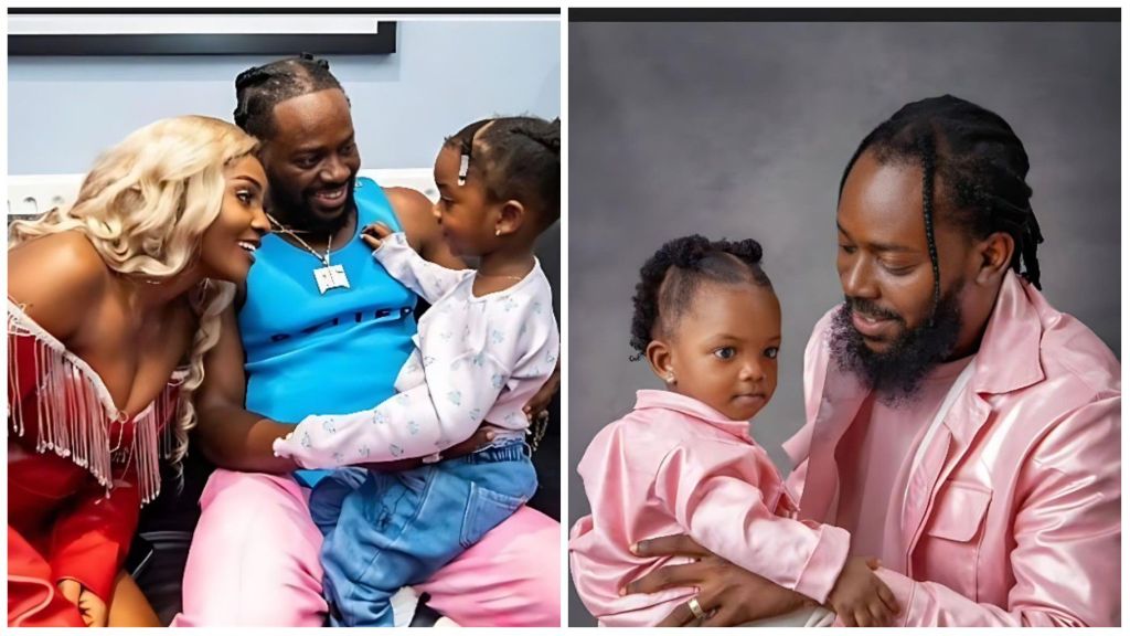 Nigerian singer Adekunle Gold shares a joyful family moment — one image shows him smiling warmly with his wife, singer Simi, as they dote on their daughter Adejare, while another captures him tenderly holding his daughter dressed in matching pink outfits, radiating love and fatherly pride.