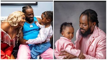 Nigerian singer Adekunle Gold shares a joyful family moment — one image shows him smiling warmly with his wife, singer Simi, as they dote on their daughter Adejare, while another captures him tenderly holding his daughter dressed in matching pink outfits, radiating love and fatherly pride.