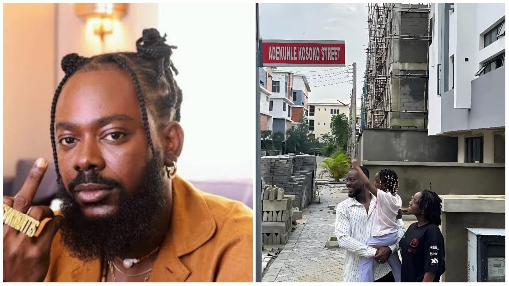 Singer Adekunle Gold poses confidently in a brown outfit, while another image shows him with wife Simi and their daughter smiling and pointing at a Lagos street sign named “Adekunle Kosoko Street.”