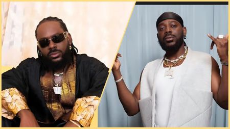 Adekunle Gold poses in two stylish outfits, wearing sunglasses and layered jewellery, showcasing his signature fashion and confident look.