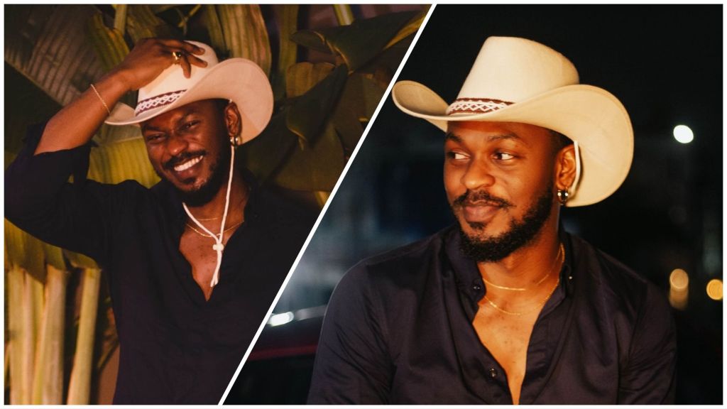 BBNaija star Adekunle Olopade smiles warmly while wearing a white cowboy hat and a dark shirt, captured in two evening portraits under soft lights.