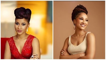 Nigerian actress Adesua Etomi poses elegantly in two portraits — one in a red dress with a classic updo, the other in a beige sleeveless top smiling warmly with braided hair.