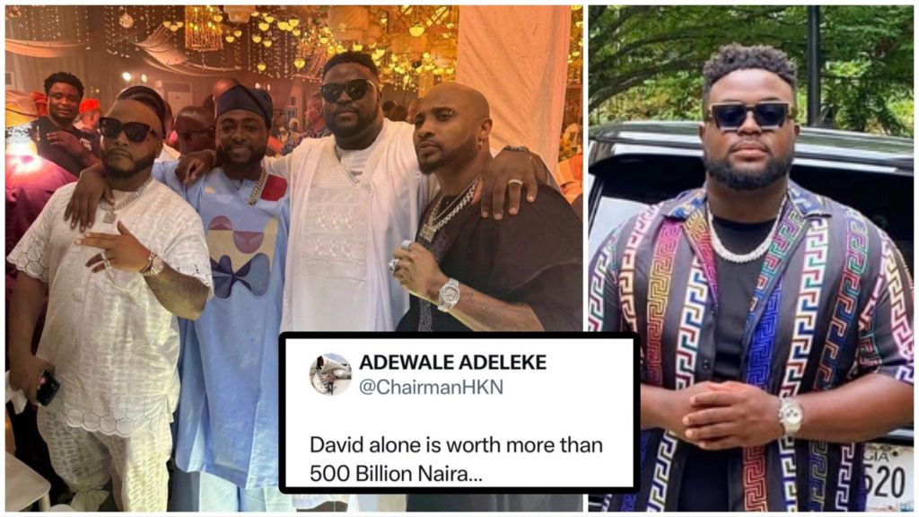 Davido and his cousins pose together in stylish traditional and casual outfits. One photo shows them at a party under gold lighting and chandeliers, while another features Adewale Adeleke standing confidently outdoors beside a luxury SUV.