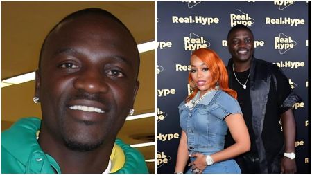 Senegalese-American singer Akon is pictured smiling in one photo, and in another, he poses with his wife, Tomeka Thiam, on the red carpet at a Real Hype event, both dressed stylishly in coordinated outfits.