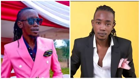 Side-by-side photos of comedian Akuku Danger. Left, he wears a bright pink double-breasted suit with sunglasses. Right, he poses in a black suit jacket over a white shirt with a pink pocket square against a yellow background.