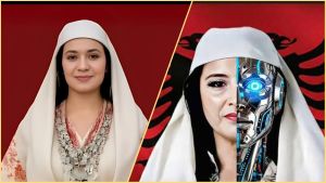 Split image showing Albania’s virtual AI minister Diella in traditional Albanian attire on the left, and a half-human, half-robot version of her face on the right, symbolising artificial intelligence integration in governance.