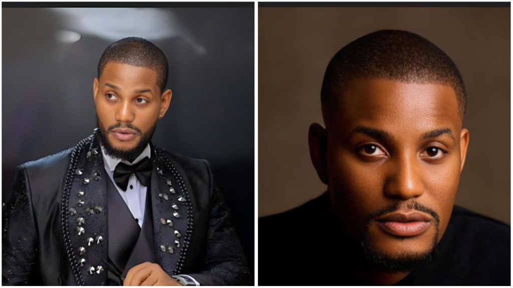 Two portrait photos of Nigerian actor Alexx Ekubo; one shows him in a black embellished suit with a bow tie, looking to the side, while the other is a close-up of his face against a dark background.