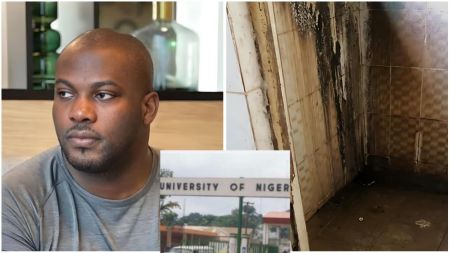 Education consultant Alex Onyia appears in a photo collage beside an image showing the entrance of the University of Nigeria, Nsukka, and a grimy hostel bathroom with dark stains and damaged tiles, highlighting poor living conditions on campus.