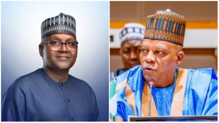 Aliko Dangote poses in a formal portrait wearing a blue kaftan and traditional cap, while Vice President Kashim Shettima speaks during an official event in Abuja dressed in a blue agbada and patterned cap.
