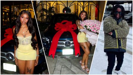 A collage showing BBNaija star Angel Agnes Smith posing in front of a black Mercedes-Benz decorated with a large red bow, holding a bouquet of pink roses, alongside her partner Tumi standing in a patterned winter jacket and sunglasses.