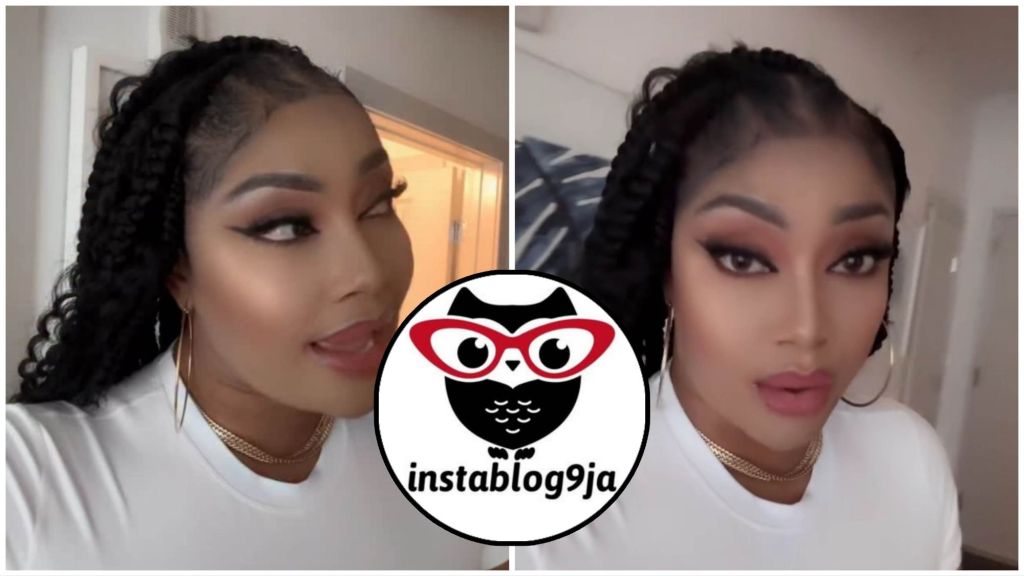 Side-by-side collage showing actress Angela Okorie speaking in a white top with gold jewellery, paired with the Instablog9ja owl logo placed at the centre.