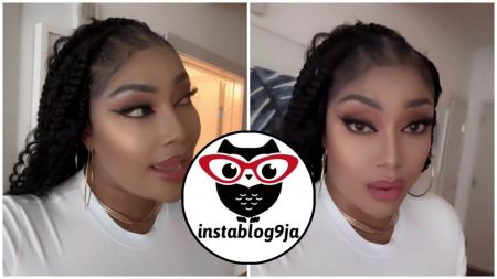 Side-by-side collage showing actress Angela Okorie speaking in a white top with gold jewellery, paired with the Instablog9ja owl logo placed at the centre.