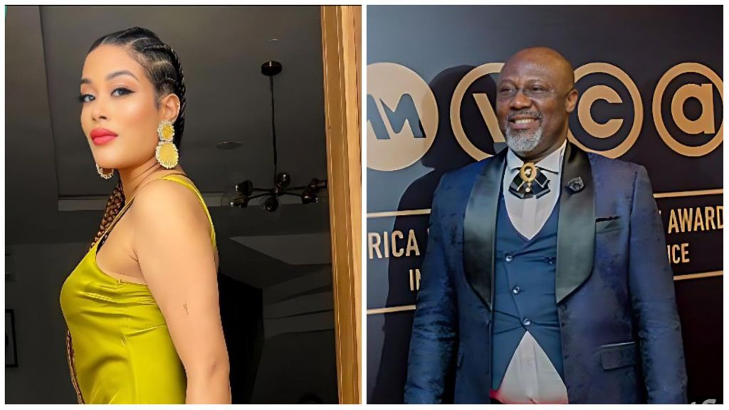A collage featuring actress Adunni Ade and politician Dino Melaye. The first image shows Adunni Ade posing indoors in a yellow satin dress with bold earrings and braided hair, while the second captures Dino Melaye smiling in a navy-blue tuxedo at an AMVCA event backdrop.