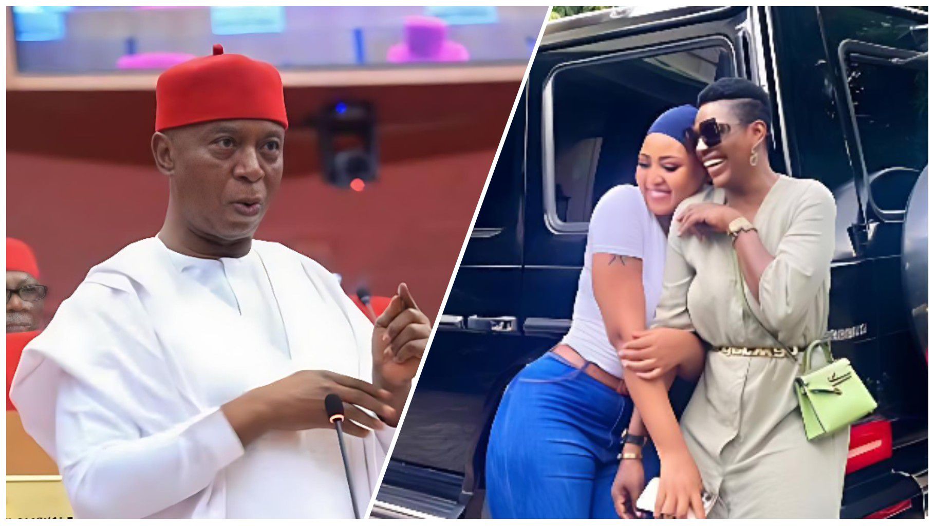 Side-by-side collage showing Nigerian Senator Ned Nwoko speaking during a parliamentary session, dressed in a white traditional outfit and red cap, alongside a second image of Regina Daniels smiling and posing beside her friend Annie near a black Mercedes-Benz G-Wagon.