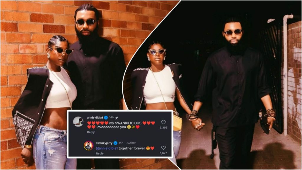Annie Macaulay-Idibia and celebrity stylist Swanky Jerry walk hand in hand at night beside a brick wall, dressed in coordinated black and white outfits. Annie wears a white crop top, light blue jeans, and sunglasses, while Swanky sports an all-black ensemble with matching accessories. An inset shows Annie’s affectionate Instagram comment calling Swanky “my SWANKILICIOUS” and his reply “together forever.”