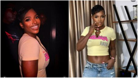 Nollywood actress Annie Macaulay-Idibia smiles brightly in one photo while attending an event, and poses confidently in another, wearing a yellow “Bubblicious” crop top and ripped jeans, showcasing her casual yet chic style.