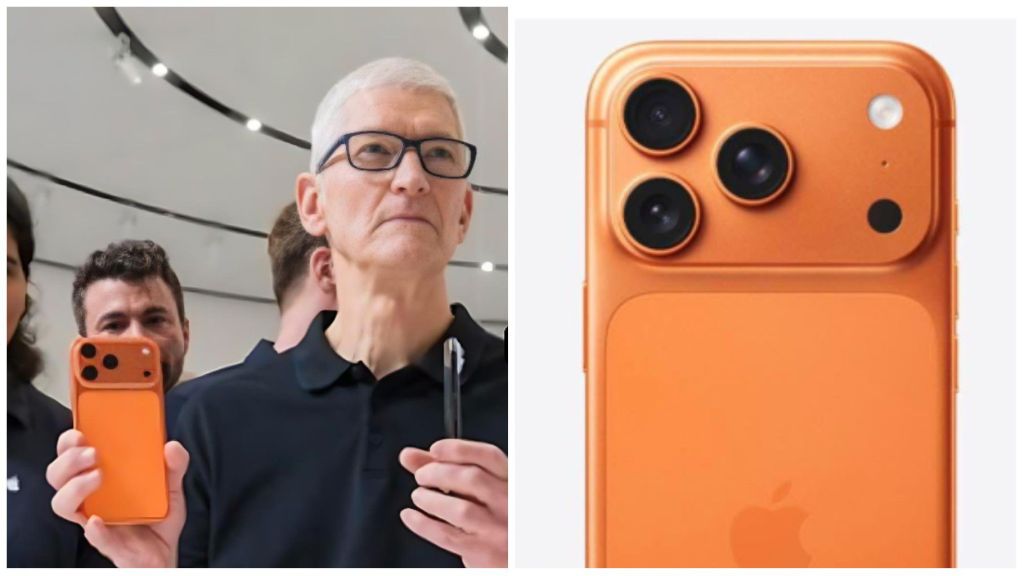 Apple CEO Tim Cook holds up an orange iPhone during a product unveiling, standing inside an Apple Store surrounded by team members. A close-up image beside him shows the rear design of the orange iPhone with three camera lenses arranged in a triangular layout.