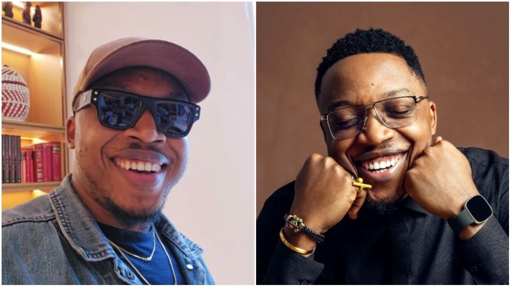 Popular Nigerian health influencer Aproko Doctor seen smiling in two portraits — on the left wearing a denim jacket, sunglasses, and a cap, and on the right dressed in black with glasses, gold accessories, and a smartwatch.