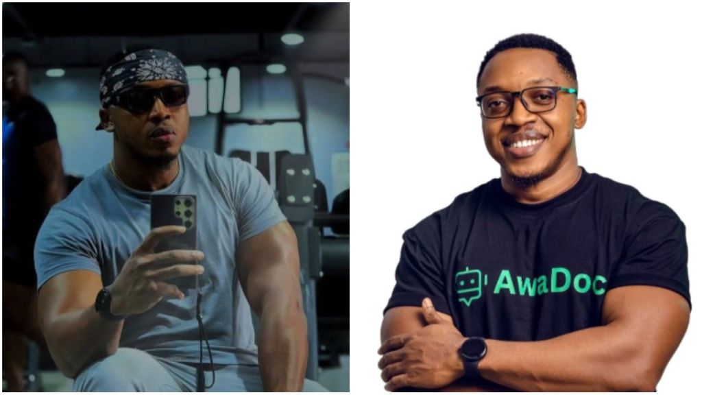 A collage of Aproko Doctor in two photos. On the left, he takes a gym mirror selfie wearing sunglasses, a bandana, and a fitted T-shirt, showing off his muscular arms. On the right, he smiles in a studio portrait, wearing glasses and a black T-shirt with the green “AwaDoc” logo.