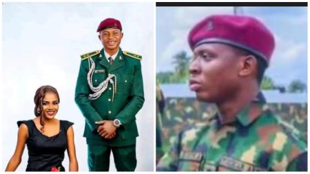 Nigerian Army officer Lieutenant Samson Haruna pictured in uniform — on the left posing for a formal portrait beside a seated woman in a black dress, and on the right captured in a close-up wearing a red beret during a military exercise.