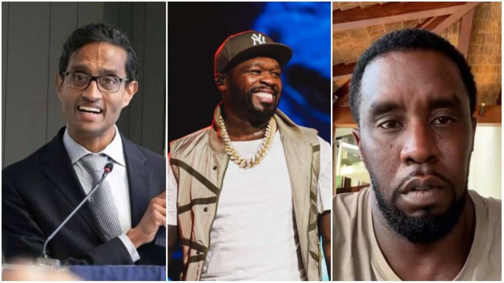 A photo collage featuring three individuals: Arun Subramanian speaking at a podium in a suit, 50 Cent performing on stage in a cap, vest, and gold chain while smiling, and Diddy in a casual beige T-shirt with a serious expression.