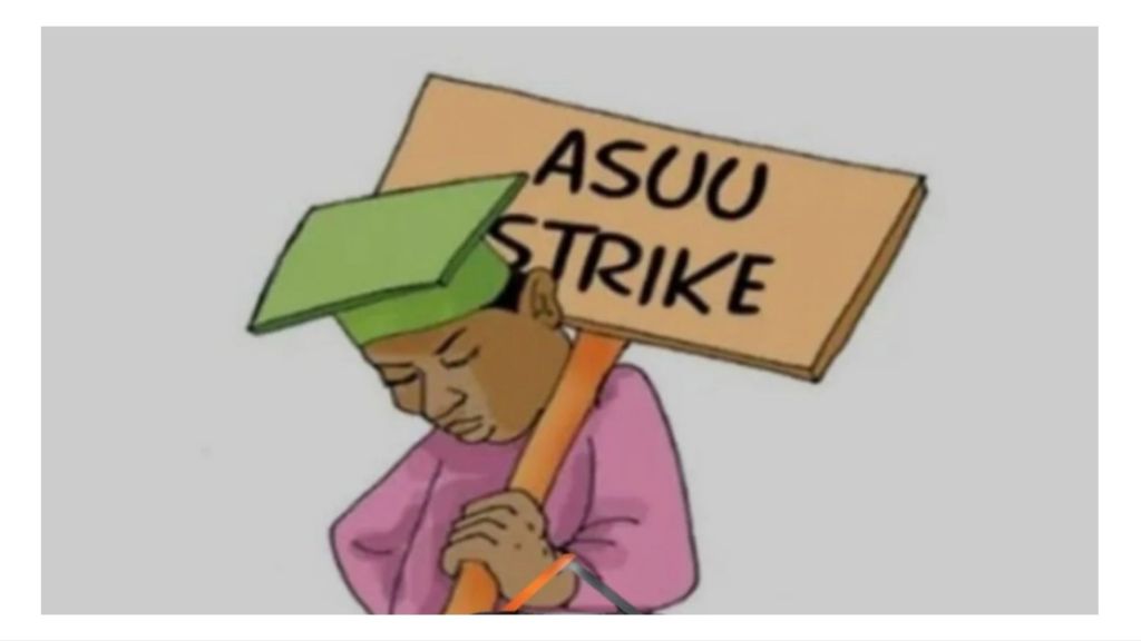 Illustration of a sad student wearing a green graduation cap and holding a placard that reads “ASUU Strike,” symbolising Nigerian university strike action.