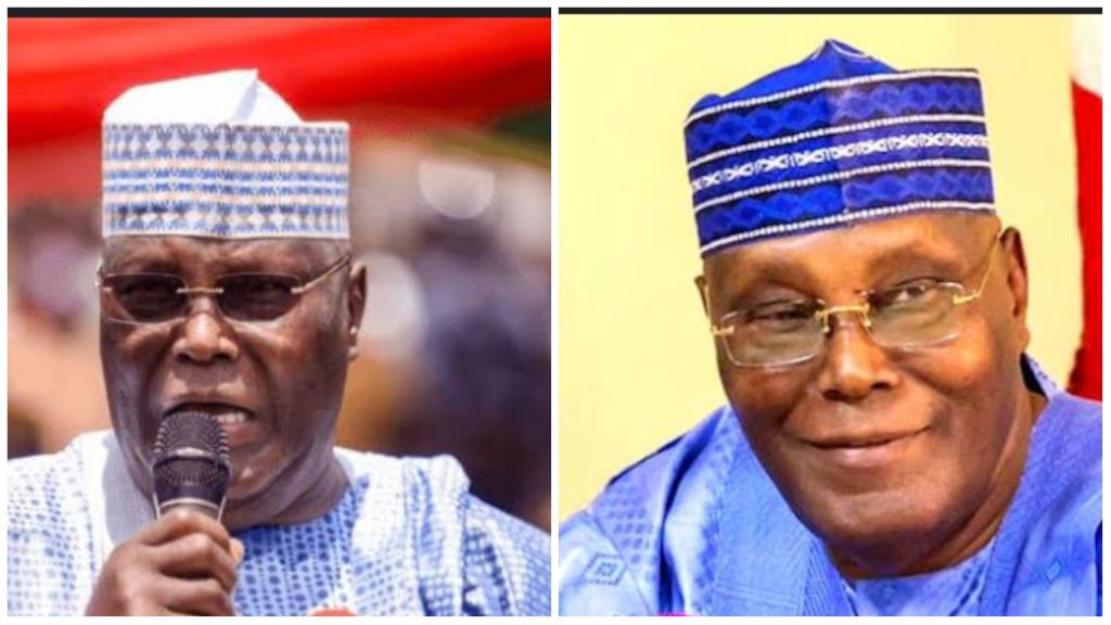 Side-by-side photos of Nigerian politician Atiku Abubakar. On the left, he is wearing a patterned blue cap and glasses, speaking into a microphone. On the right, he is dressed in a blue traditional outfit and cap, smiling at the camera.