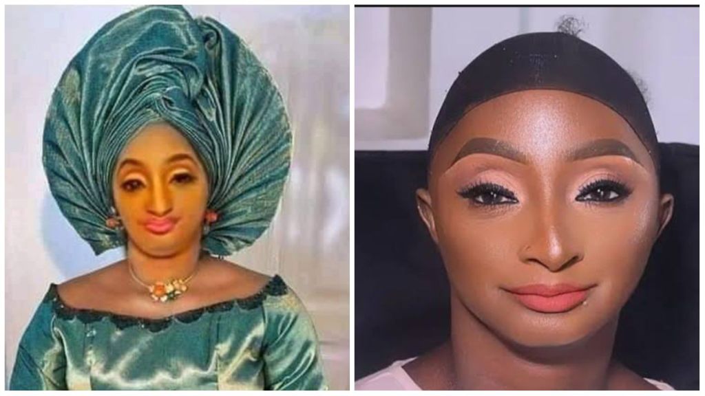 Popular Nigerian actress and comedian Aunty Ramota wearing a teal traditional outfit with a matching gele headwrap on one side, and a close-up of her makeup look with bold brows and red lipstick on the other.