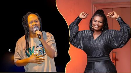 Ayisha Modi and Daddy Lumba pictured side by side in a split-frame image — Lumba is holding a microphone while performing, and Modi poses in a black shimmery outfit with her arms raised in celebration.