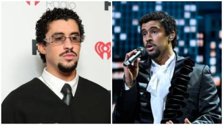 Side-by-side photos of Puerto Rican artist Bad Bunny wearing a black sweater and tie on the left, and performing in a ruffled black jacket with a microphone on stage on the right.