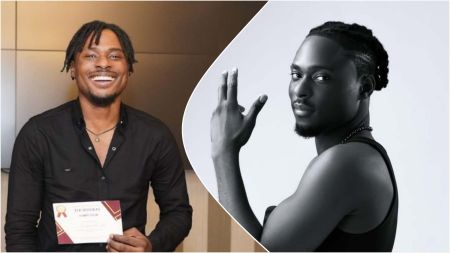 Side-by-side collage showing BBNaija’s Faith — on the left, he smiles brightly while holding a certificate and wearing a black shirt; on the right, he poses confidently in a monochrome portrait, wearing a sleeveless top and facing sideways.
