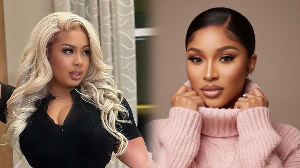 Side-by-side image showing BBNaija’s Nina and actress Tonto Dikeh; Nina wears a black outfit with blonde curls while Tonto poses in a pink turtleneck sweater against a plain backdrop.