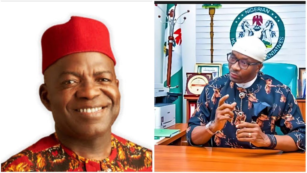 Governor Alex Otti of Abia State and Benjamin Kalu are seen in separate photos, both dressed in traditional Igbo attire — Otti in red and Kalu seated at his office desk with national emblems behind him.