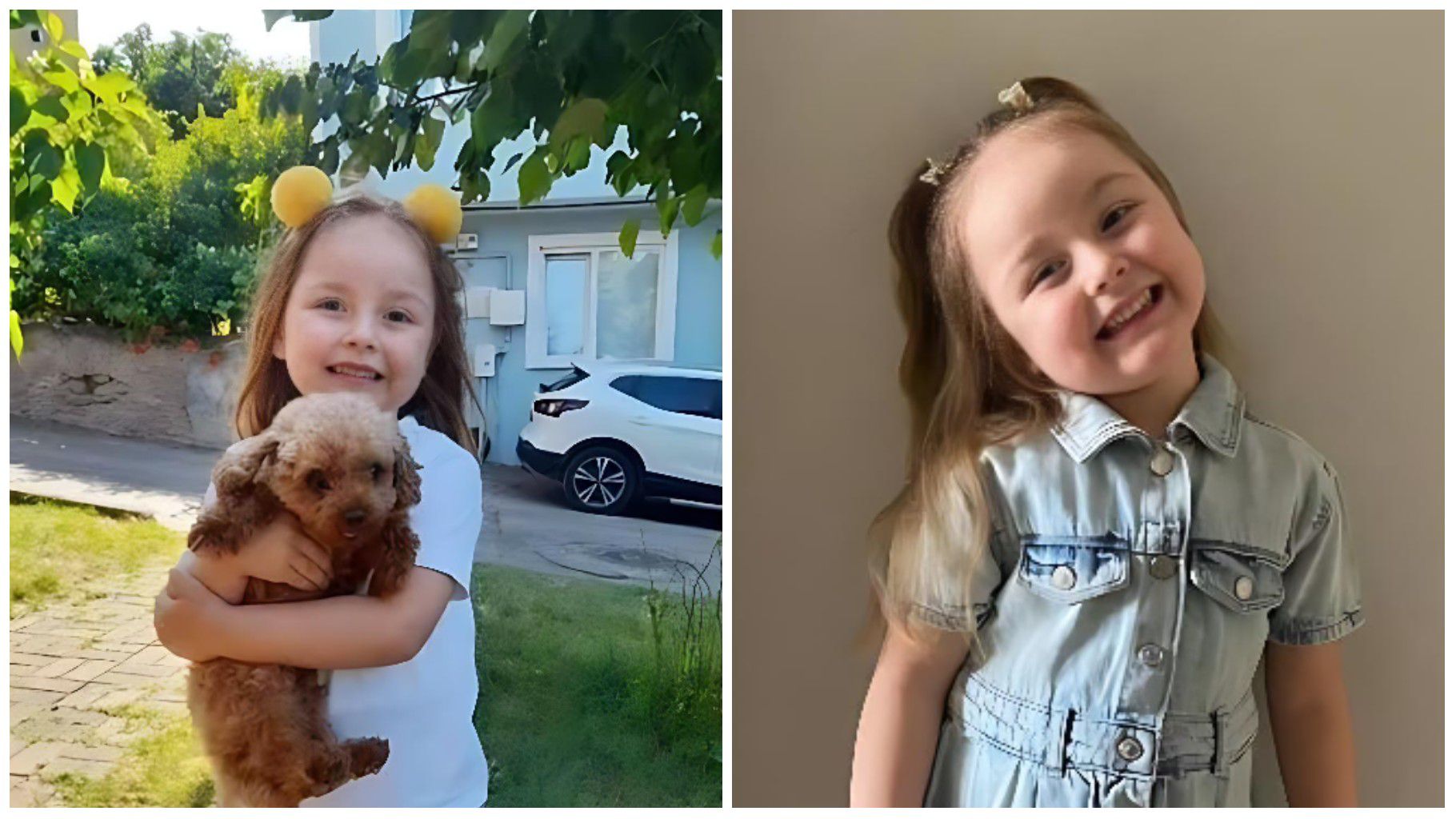 Turkish child actress Berra Dizi smiles brightly in two side-by-side photos — one showing her outdoors holding a small brown poodle, and another posing indoors in a light denim dress with her hair tied in pigtails.