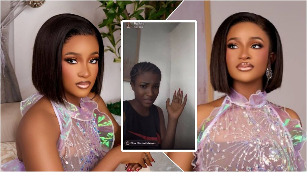 Collage showing BBNaija housemate Big Soso in two glam portraits wearing a shimmery lilac outfit, alongside a centre image from her casual video where she raises her hand and speaks about being overbilled by fans.