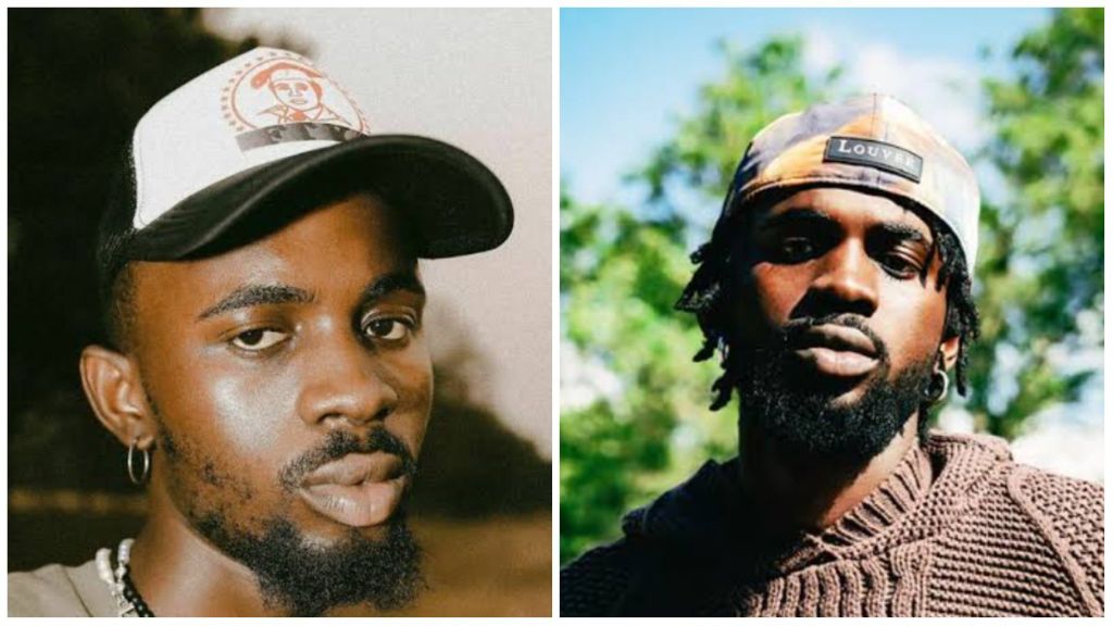 Side-by-side portraits of Ghanaian singer Black Sherif wearing baseball caps — one image shows him in a cream shirt with a necklace, the other in a brown sweater against a green outdoor background.