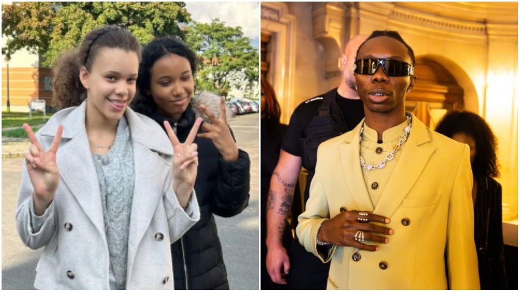 A collage showing Nigerian rapper Blaqbonez and his half-sisters. On the left, two young women pose outdoors, smiling and flashing peace signs. On the right, Blaqbonez is dressed in a yellow suit, accessorised with rings, a chain necklace, and dark sunglasses, standing indoors with security personnel behind him.