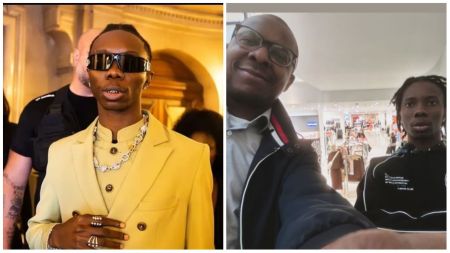 Nigerian rapper Blaqbonez pictured in two settings. On the left, he wears a yellow double-breasted suit with layered jewellery and dark sunglasses, posing indoors with people in the background. On the right, he is seen in a casual black tracksuit with white designs, standing next to a man in glasses and a jacket while shopping in a mall.