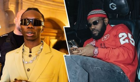 Nigerian rappers Blaqbonez and Odumodublvck pictured side by side — Blaqbonez wearing a light-yellow suit and sunglasses, Odumodublvck in a red sweatshirt and matching cap, seated and using his phone.