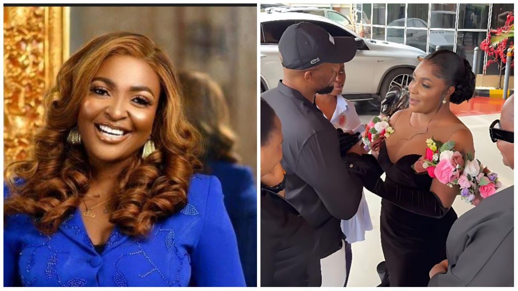 Nigerian relationship coach Blessing CEO beams in a studio portrait wearing a royal blue outfit with soft curls, while in another photo, she is seen in a black gown receiving flowers from friends at a public event.